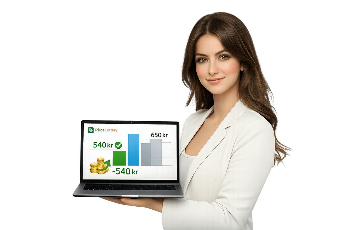En professionell kvinna med laptop som visar PriceLottery prisjämförelse