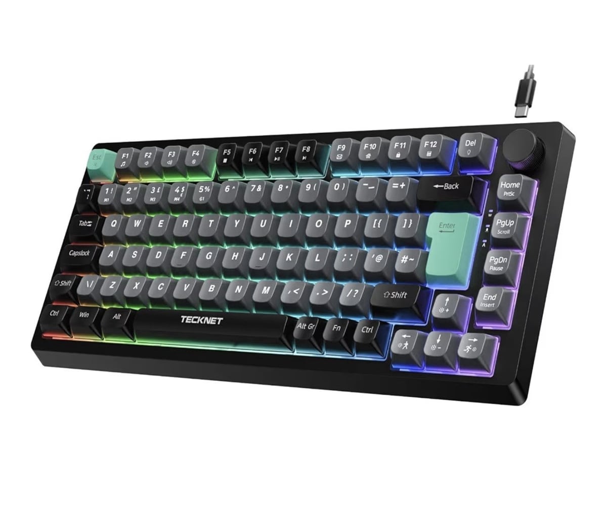 TECKNET RGB Gaming Keyboard with 83 Keys, Volume Knob & Anti-Ghosting Black