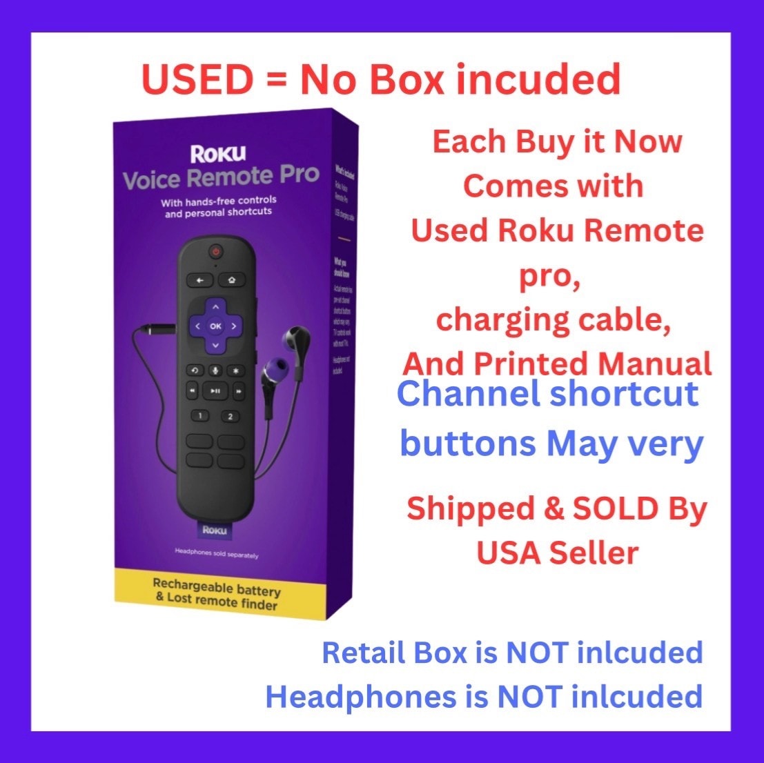 USED- Roku Voice Remote Pro Rechargeable with TV controls, lost remote