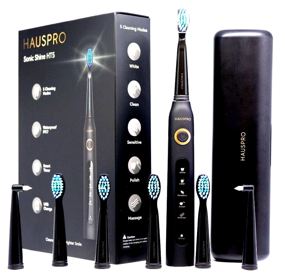 HAUSPRO Sonic Electric Toothbrush Black 8 heads 5 Modes Rechargeable USB NEW UK