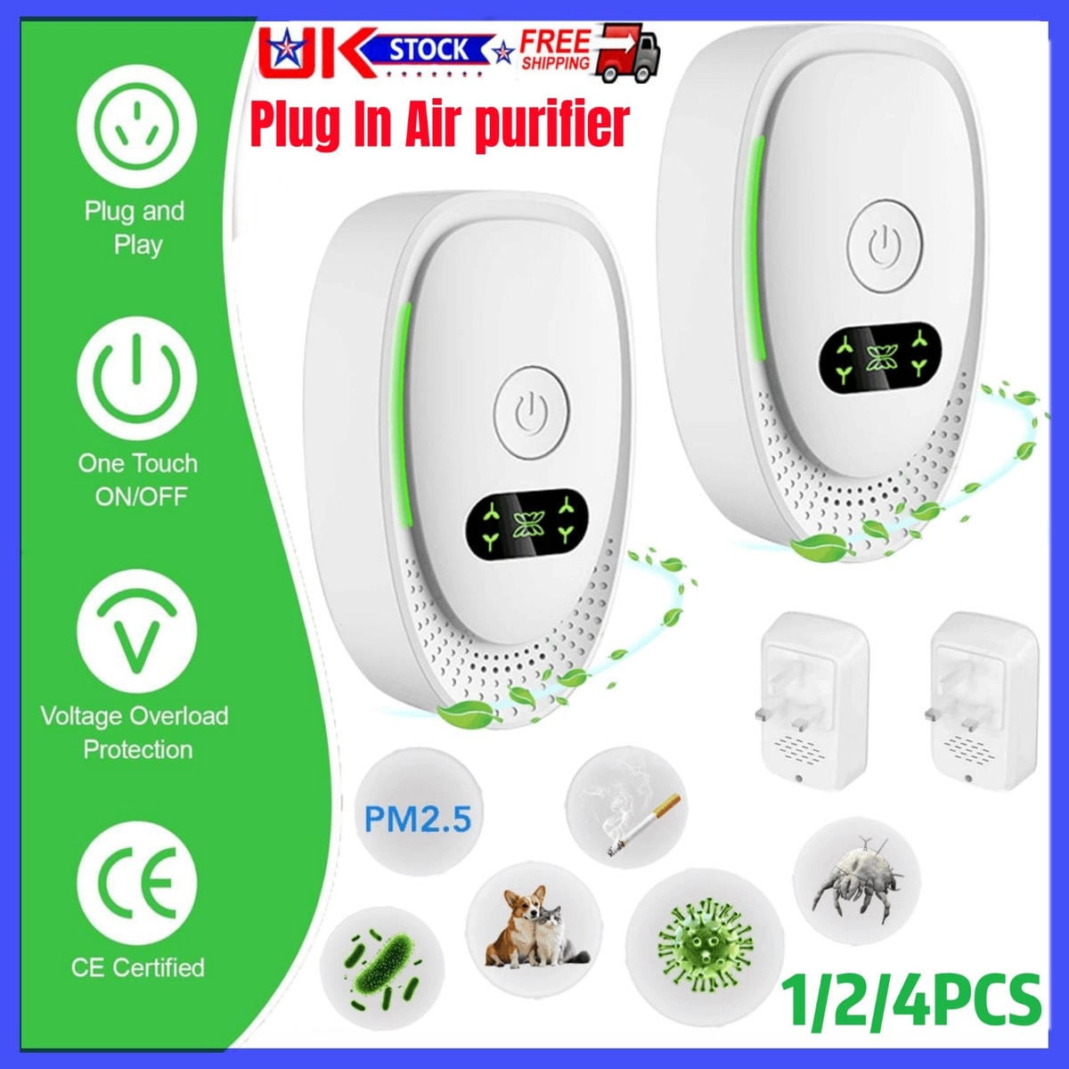 4Pcs Air Purifier for Bedroom Smokers Plug-in Negative Ion Generator AirPurifier
