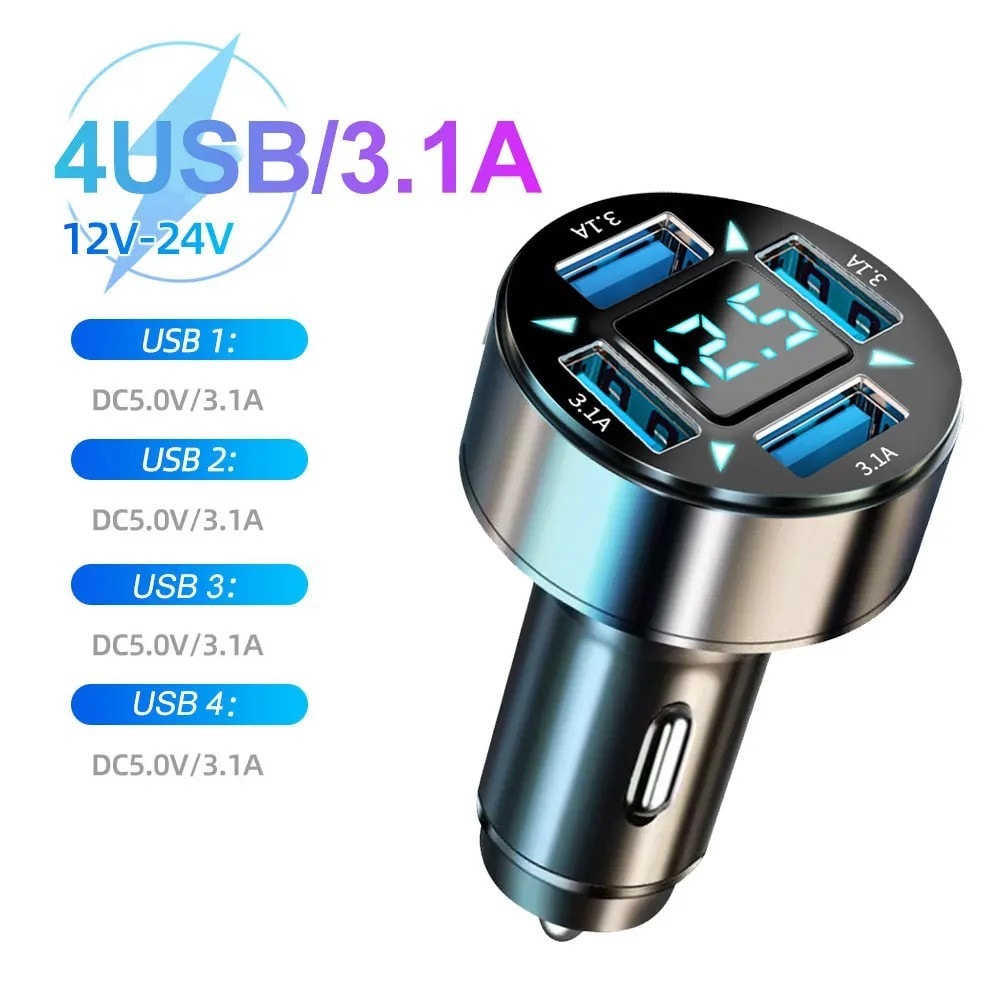 4 USB Ports Car Charger Adapter LED Display QC 3.0 Fast Charging Car Accessories