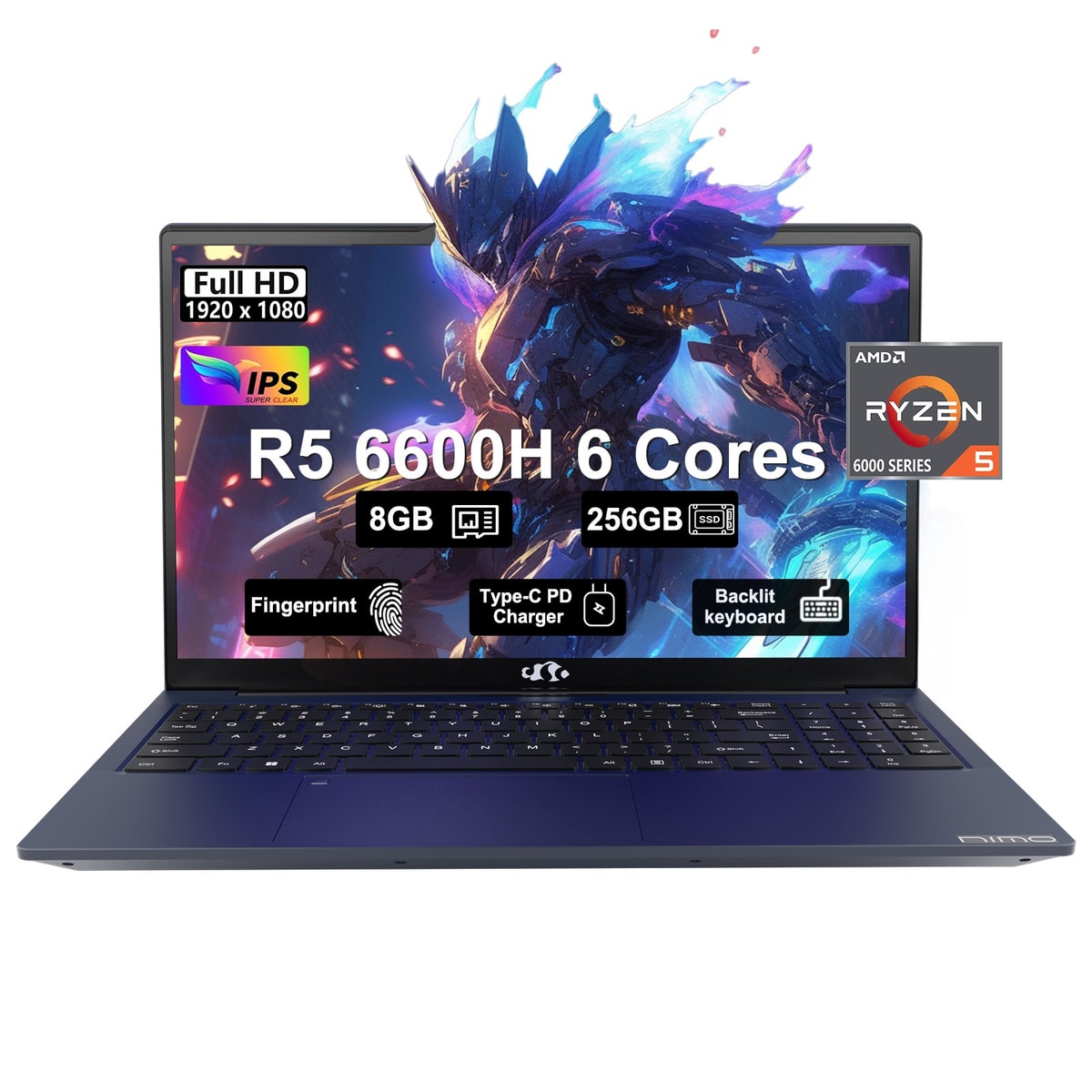 NIMO 15.6 Gaming Laptop AMD Ryzen 5 6600H, 8GB RAM 256GB SSD Backlit KB Win11