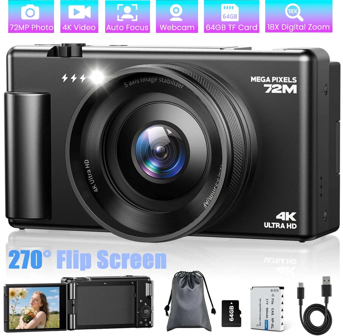 4K 72MP Digital Camera 2.8"270°Flip Screen Autofocu Vlogging Cameras for YouTube