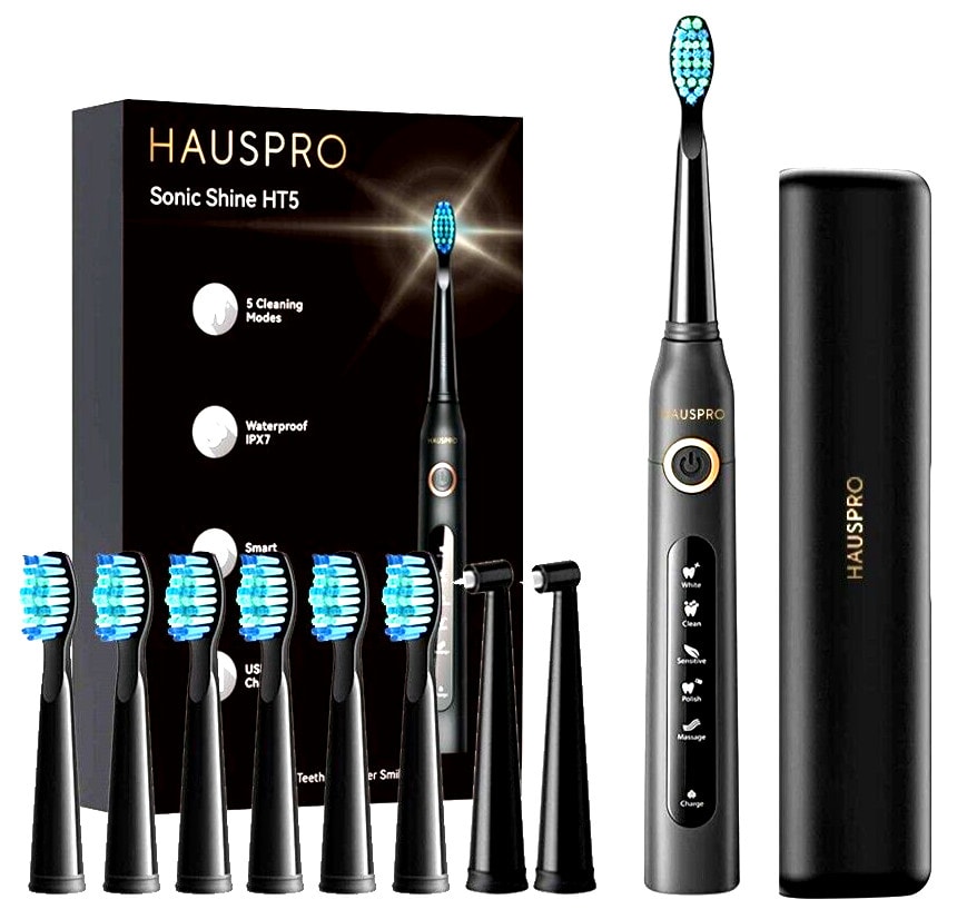 HAUSPRO Sonic Electric Toothbrush Luxury Black Gold 8 heads 5 Modes USB Case