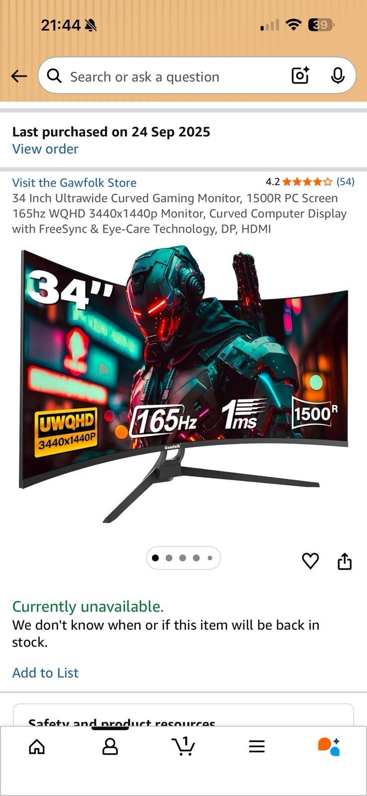 Gawfolk Curved Gaming Monitor 34 Inch UWQHD 3440x1440P, 1500R