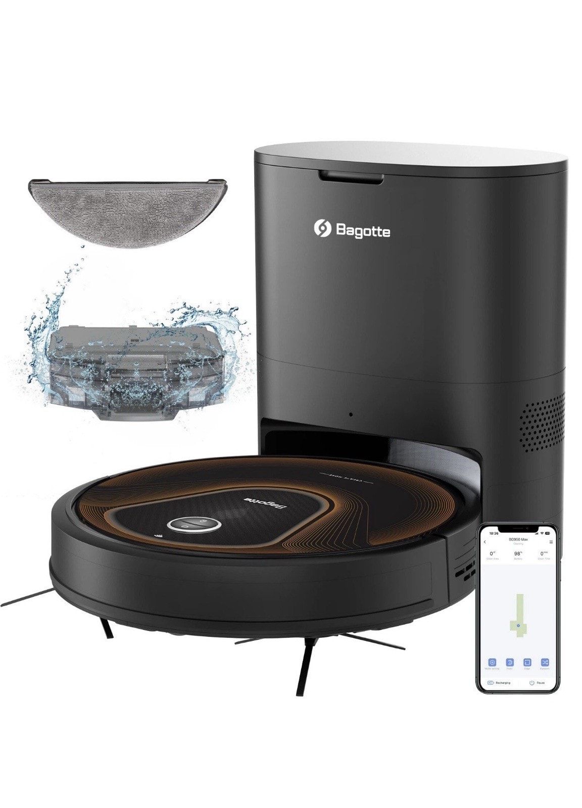 Bagotte BG950 Max Robot Vacuum Cleaner Self Empty Dock WiFi Alexa Mop Hoover