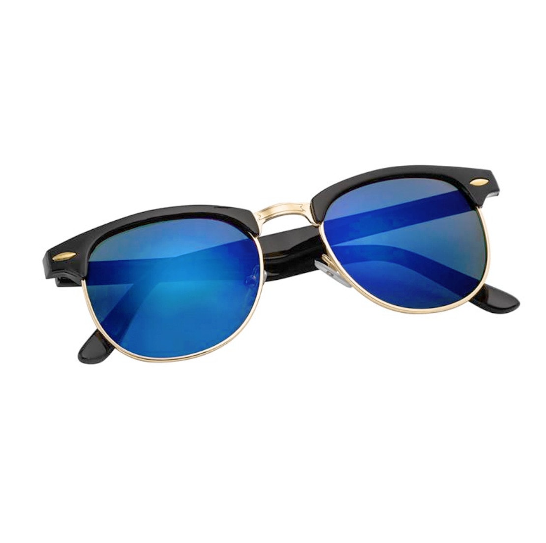Sunglasses Blue Mirror Black Frame UV400 Lens Men's Women's Retro Vintage