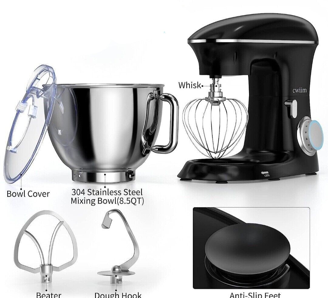 Cwiim Stand Mixer Electric Kitchen Mixer Stainless Steel Bowl Dough Hooks Whisk