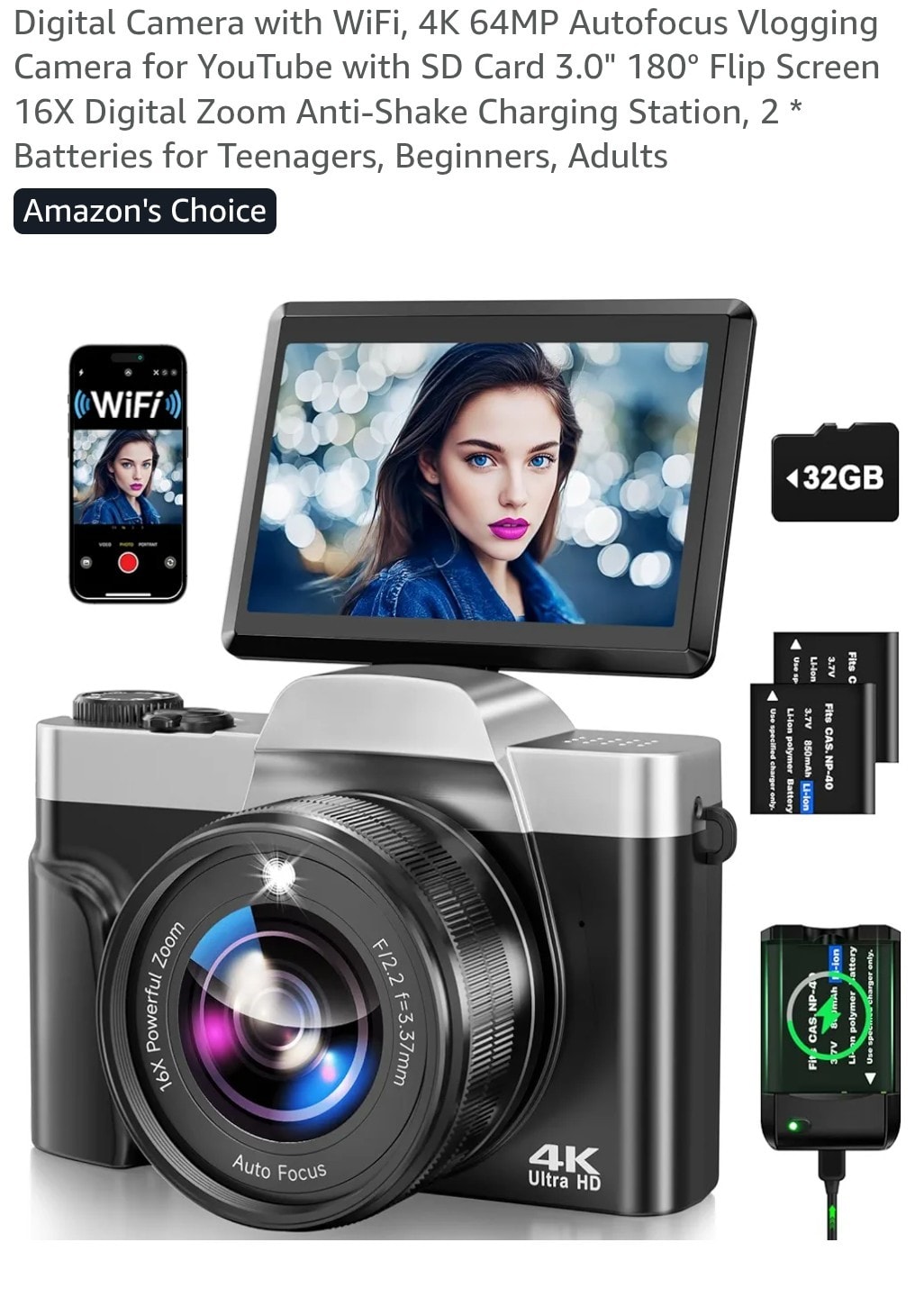 Digital Camera with WiFi, 4K 64MP Autofocus Vlogging Camera for YouTube with SD