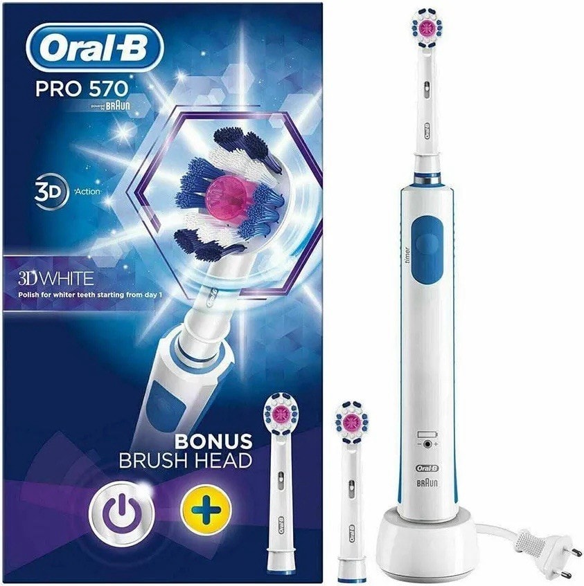 Braun Oral B Pro 570 - 3D White - Rechargeable Electric Toothbrush + 2Heads