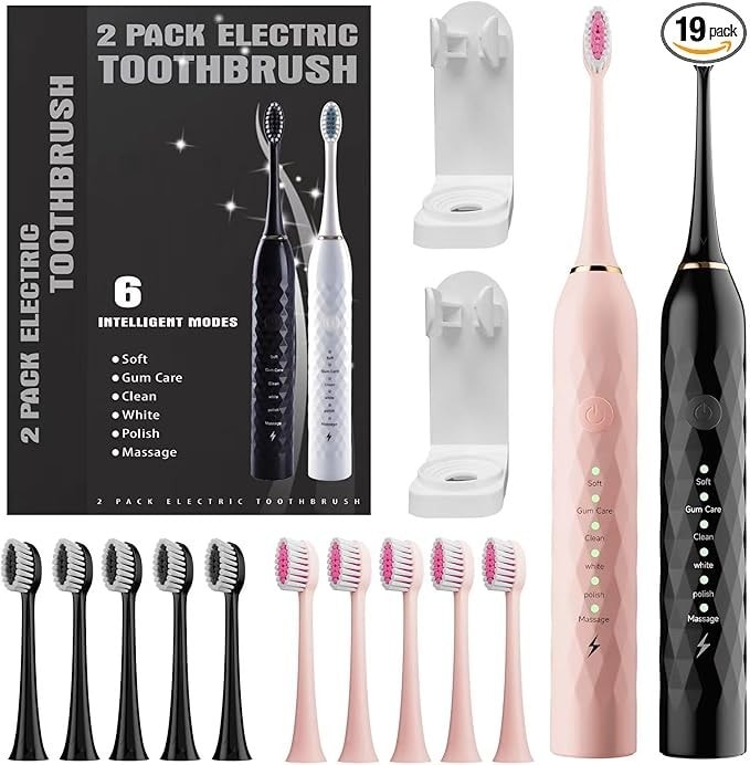 Sonic Electric Toothbrush 2-Pack Rechargeable with 12 Heads & Holders Pink/Black