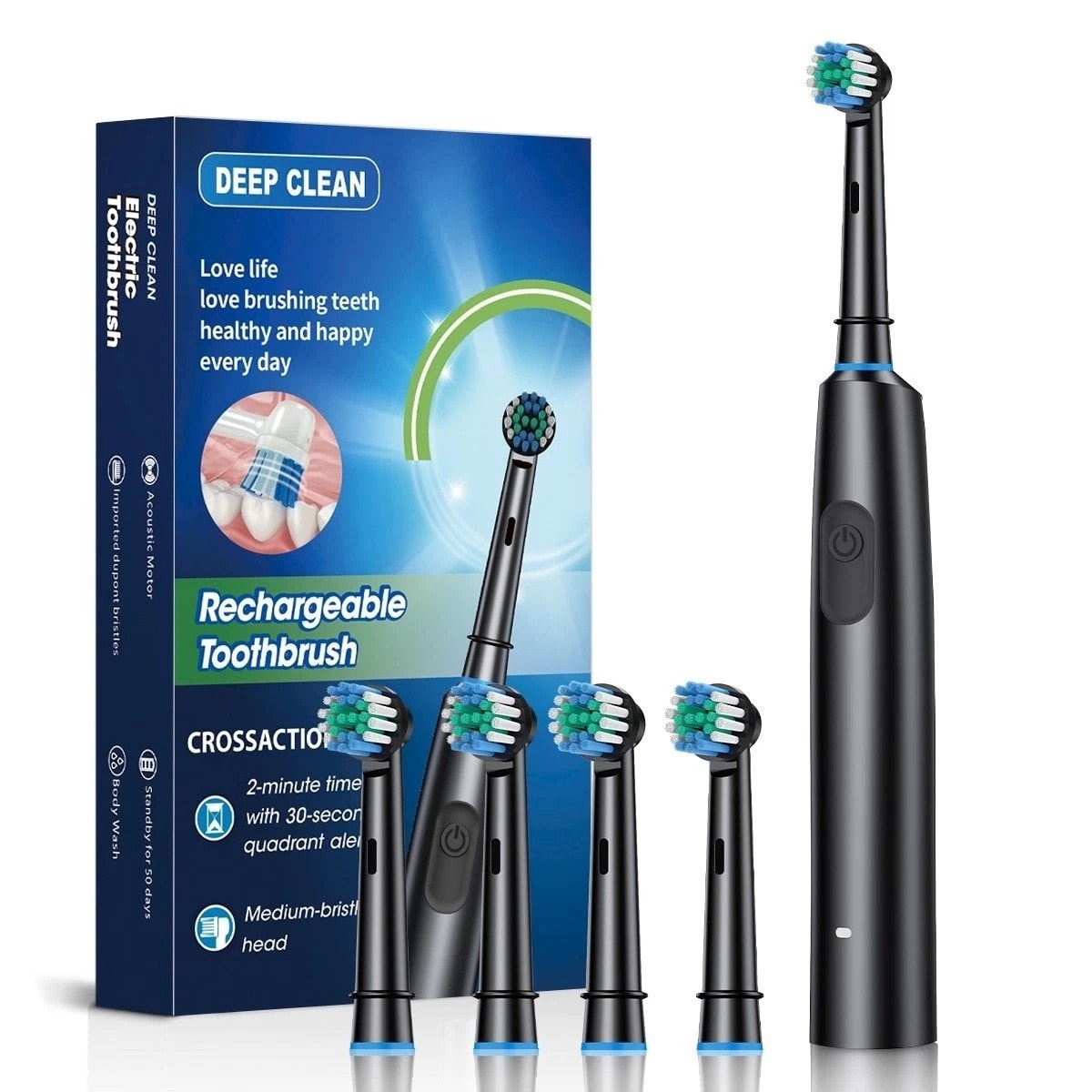 Deep Clean Rechargeable Electric Toothbrush Black - 4 Brush Heads & Timer