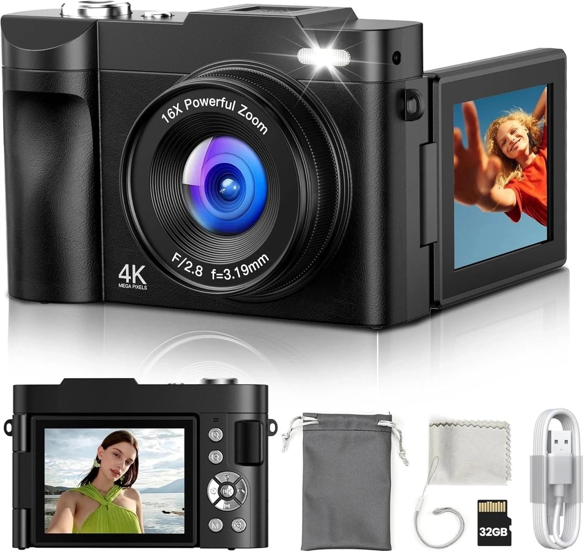 4K Digital Camera 50MP Vlogging Camera 16X Zoom Flip Screen Anti Shake 180°