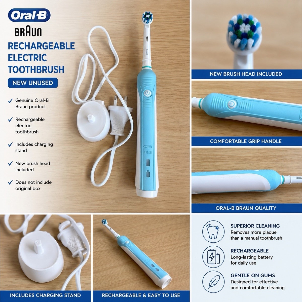 Oral-B Braun Rechargeable Electric Toothbrush New Brush Head Charger No Box