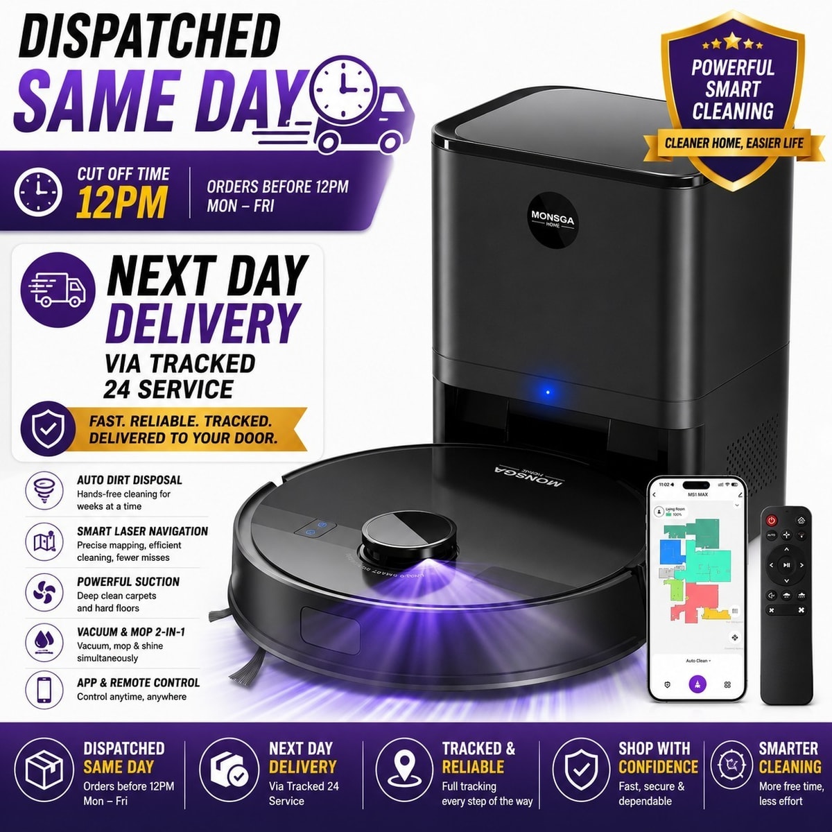 MS1 MAX Smart Robot Vacuum Cleaner Auto Robotic Hoover Pet Hair Hard Floor UK