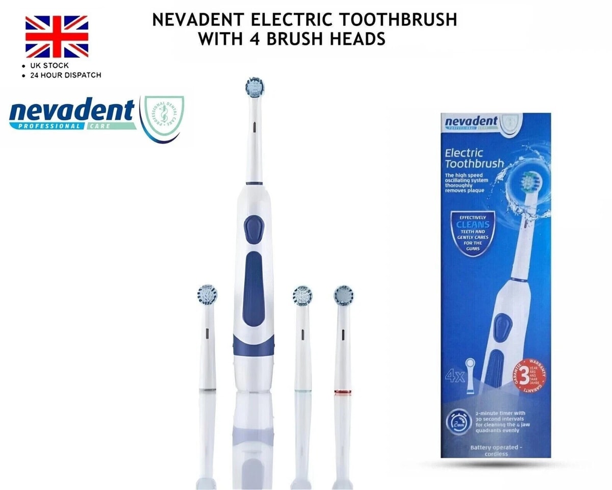 Nevadent Cordless toothbrush with 4 brush heads, *BRAND NEW*,Battery Operated
