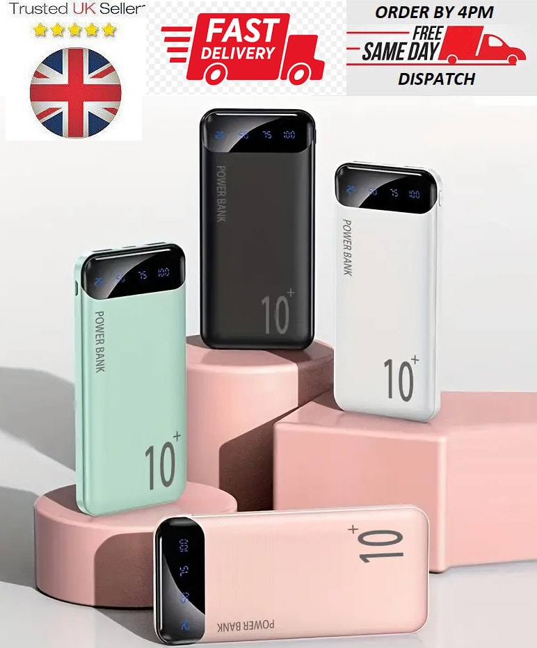 Power Bank Portable Charger 3 Cables 10000mAh 2 Outputs 2 Inputs LED Display UK