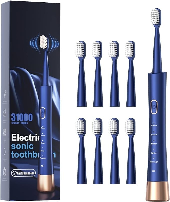 IPX7 Waterproof Sonic Electric Toothbrush- 5 Modes, 8 Brush Heads, Fast Charge
