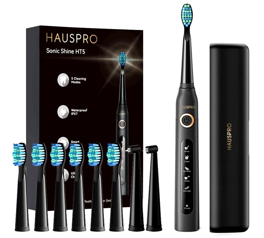 Electric Toothbrush HAUSPRO HT5 Sonic Black 8 Heads 5 Modes Travel Case USB Oral
