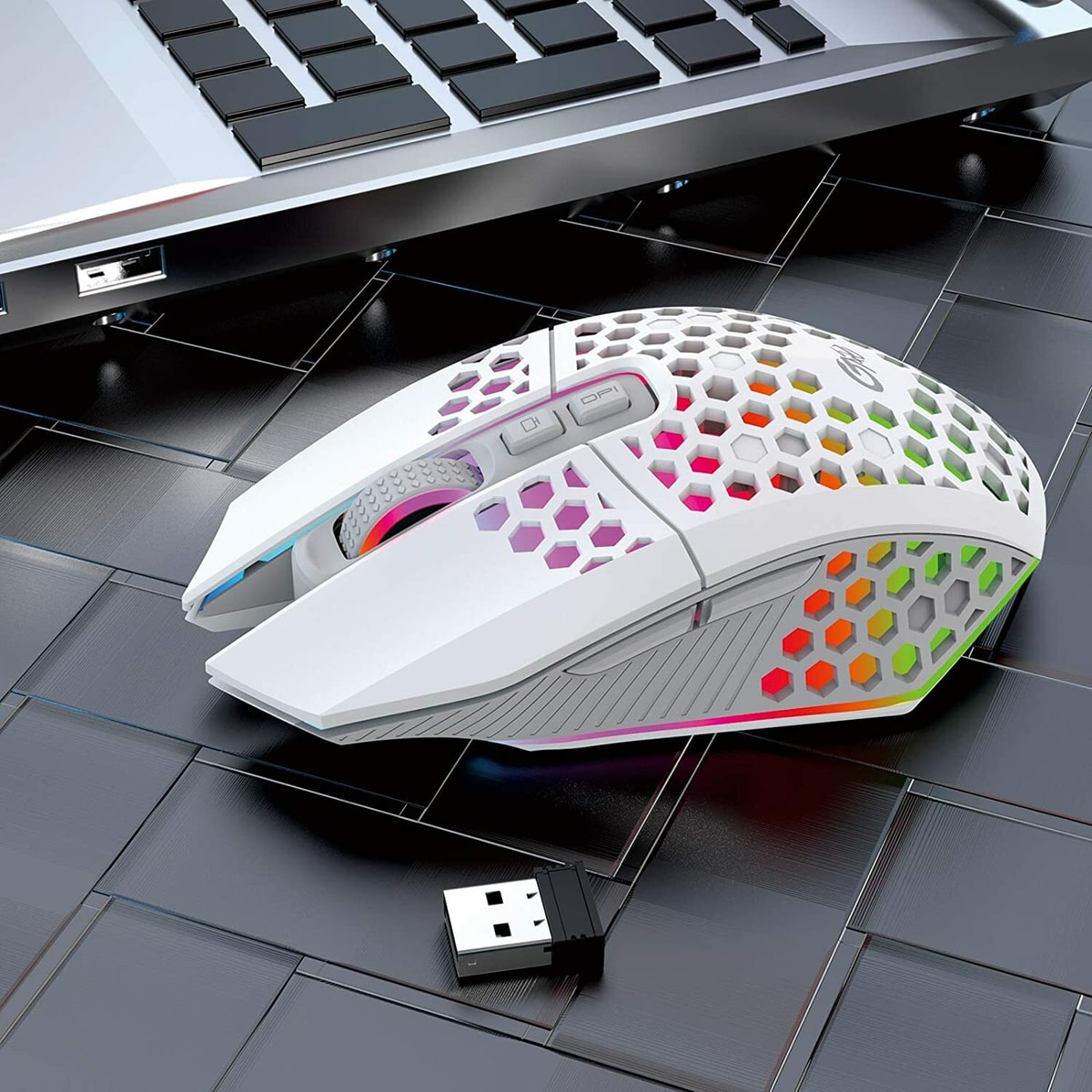 Wireless Gaming Mouse White Honeycomb LED USB Rechargeable PC Laptop PS5 Xbox UK