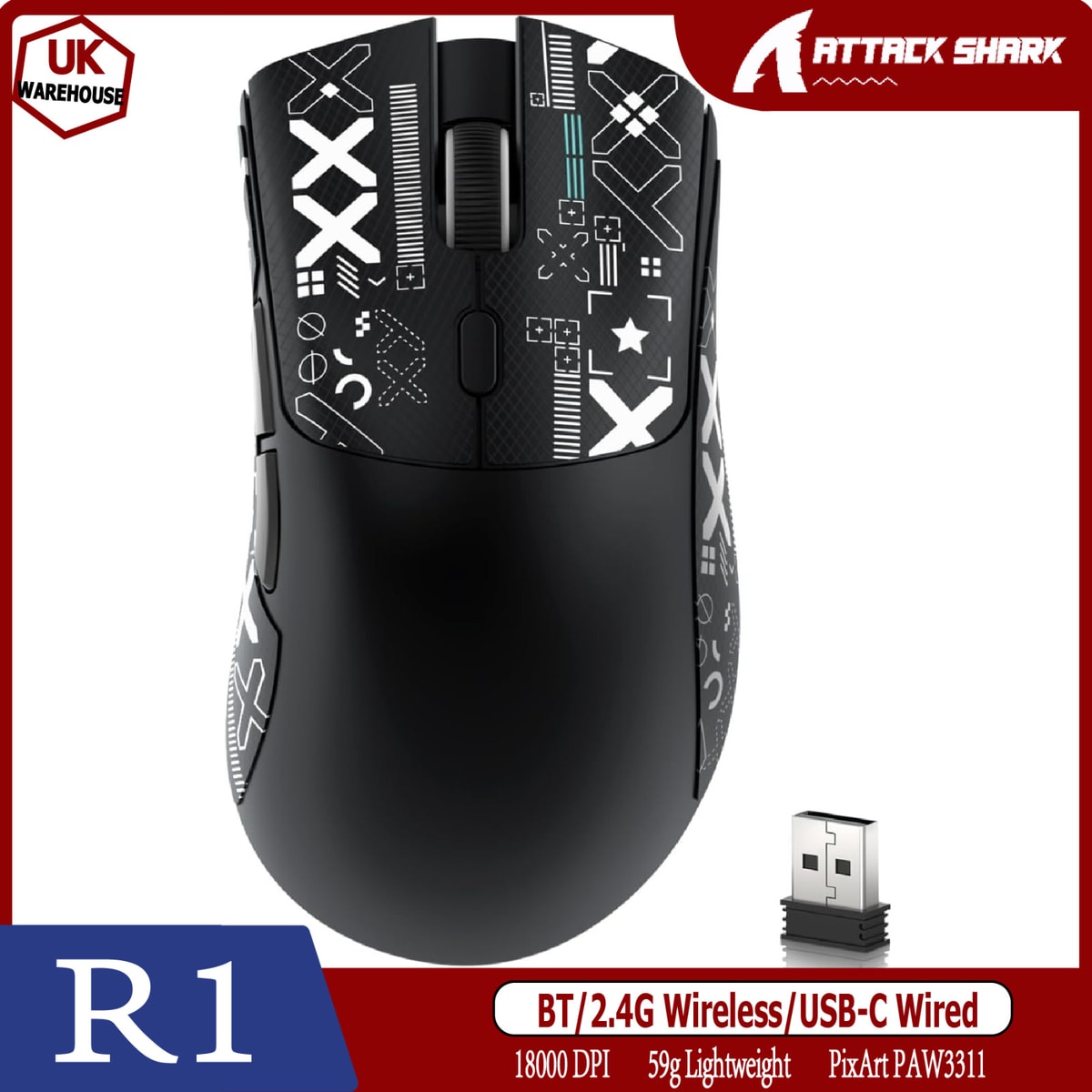ATTACK SHARK R1 59g SUPERLIGHT Gaming Mouse PixArt PAW3311BT/2.4G Wireless/Wired
