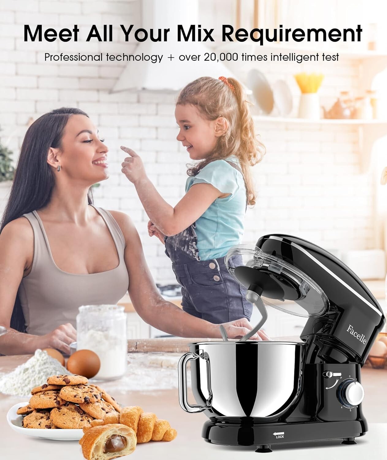 Facelle Stand Mixer 660W Household Kitchen Dough Mixer 6-Speed - BLACK