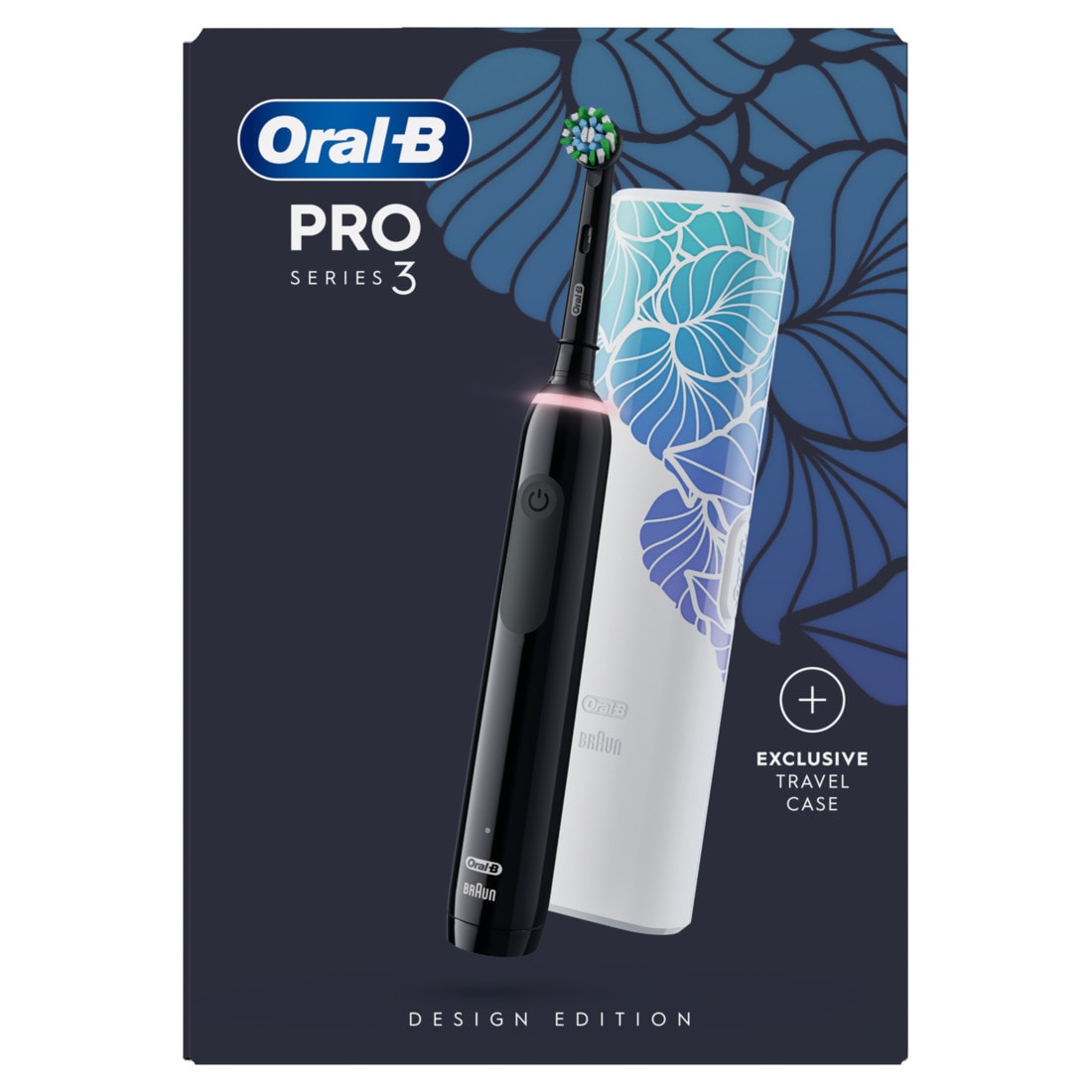 Oral B Pro 3 3500 Black Electric Toothbrush with Floral Art Travel Case