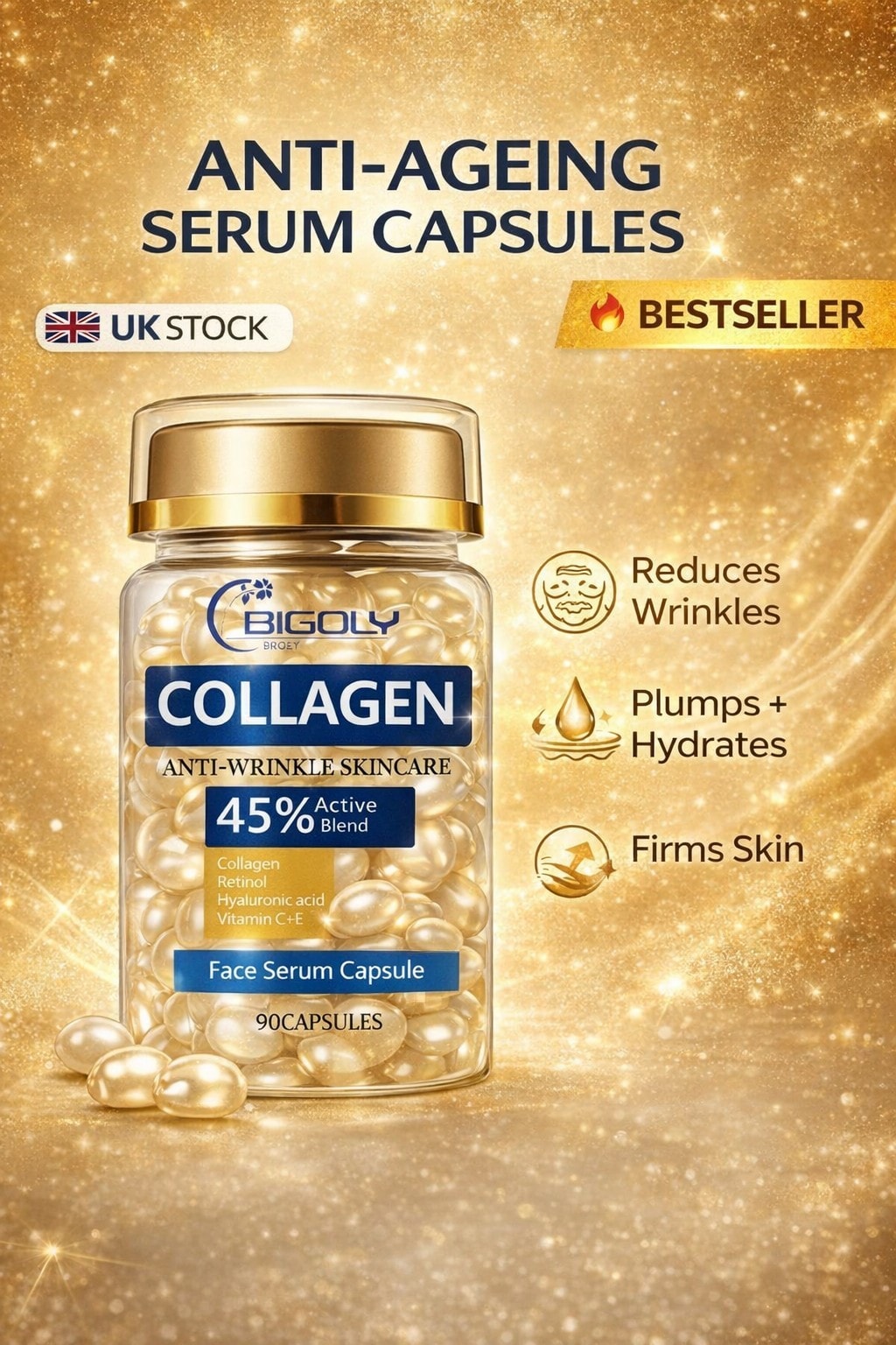 Collagen Retinol Face Serum Capsules 90pcs | Hyaluronic Acid | Anti-Wrinkle Uk