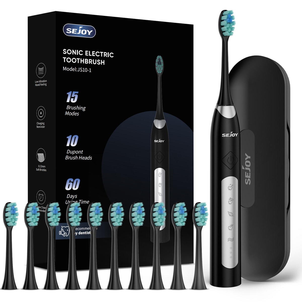 SEJOY 10Brush Heads Electric Toothbrush 5Modes Travel case USB Charge Deep Clean