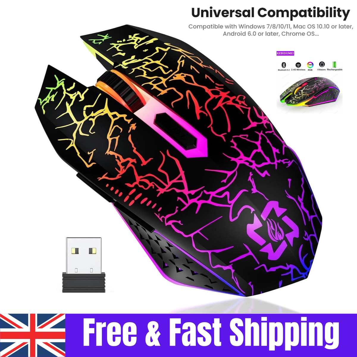 Wireless Gaming Mouse RGB LED USB-C Rechargeable For Laptop PC Windows Mac UK