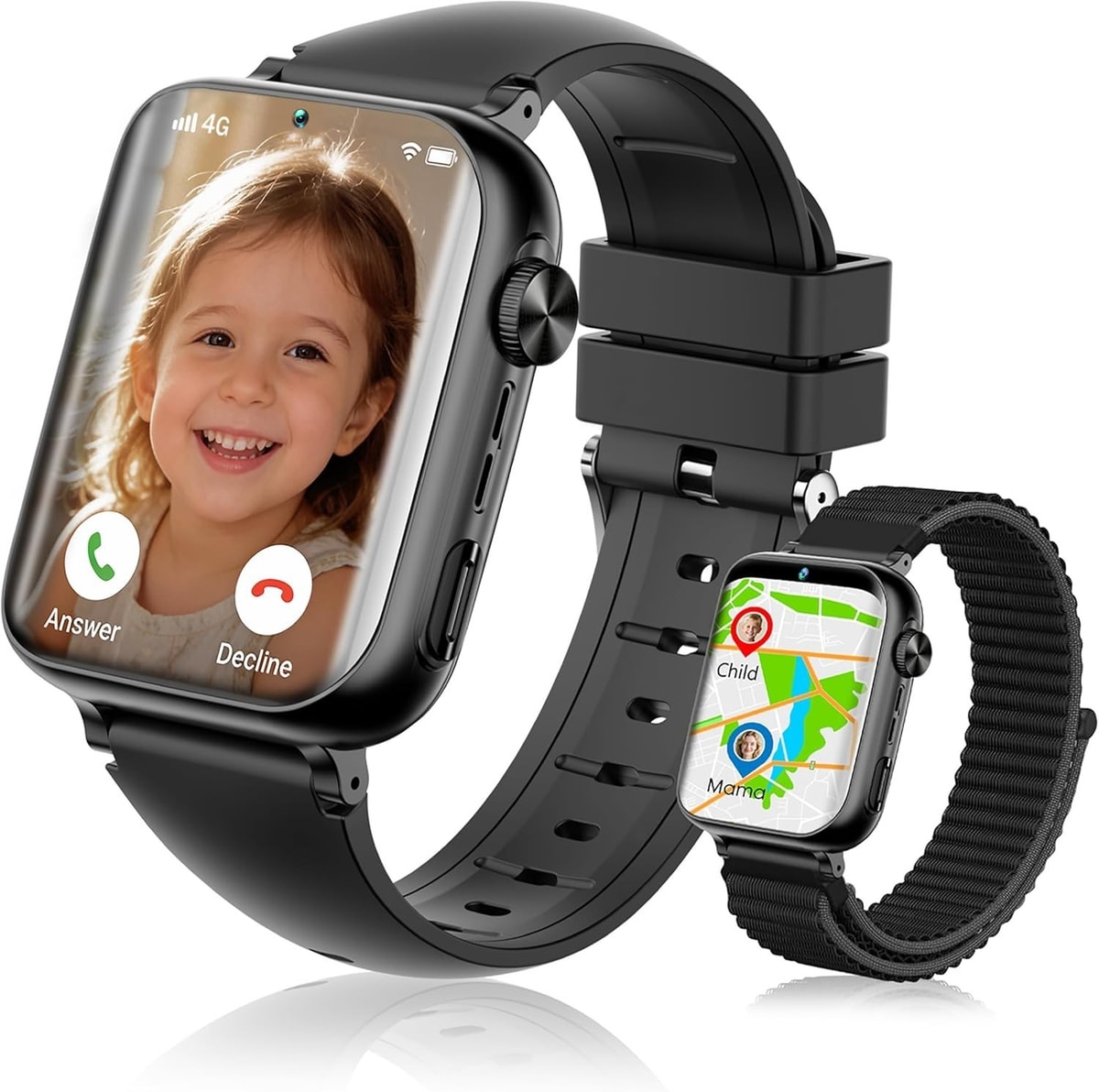 Kids Smart Watch 4G GPS SOS Call Video Chat 1.83" Touch Waterproof Black