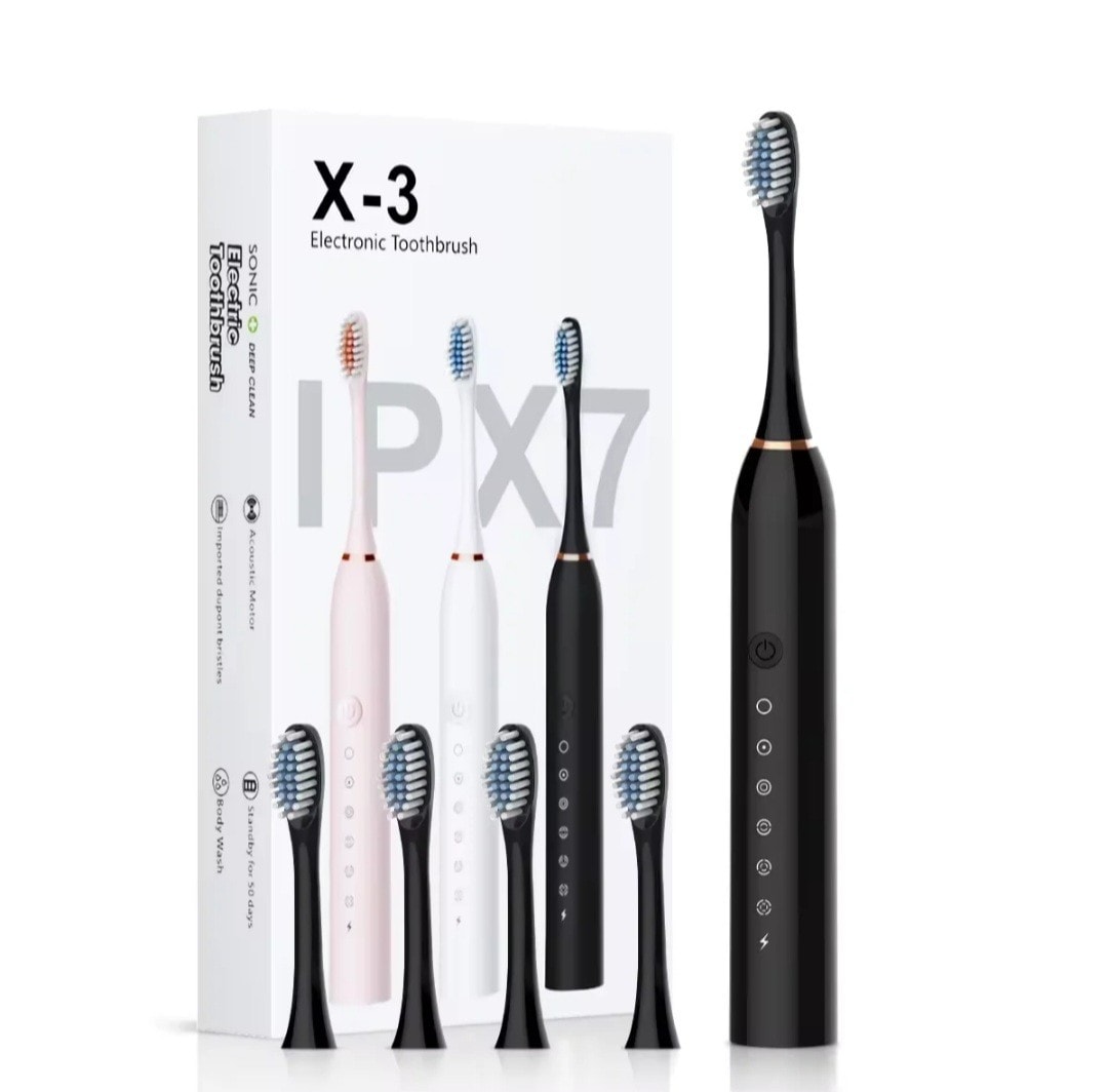 Electric Toothbrush sonic Oscillating Rotating 5Modes Timer 4 heads Black Colour