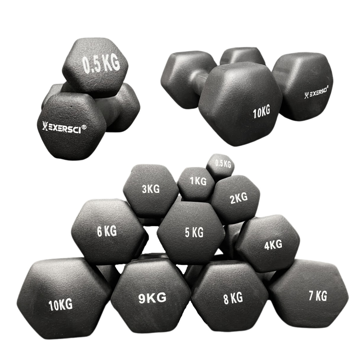 Exersci Black Neoprene Dumbbells 0.5-10kg Weights Pair Fitness Yoga Gym Dumbbell