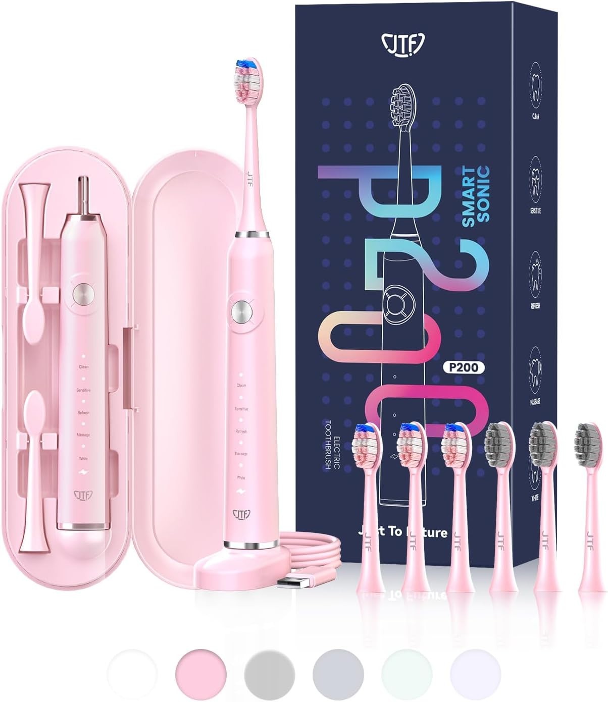 JTF Sonic Electric Toothbrush 6 Brush Heads 5 Modes Travel Case Pink
