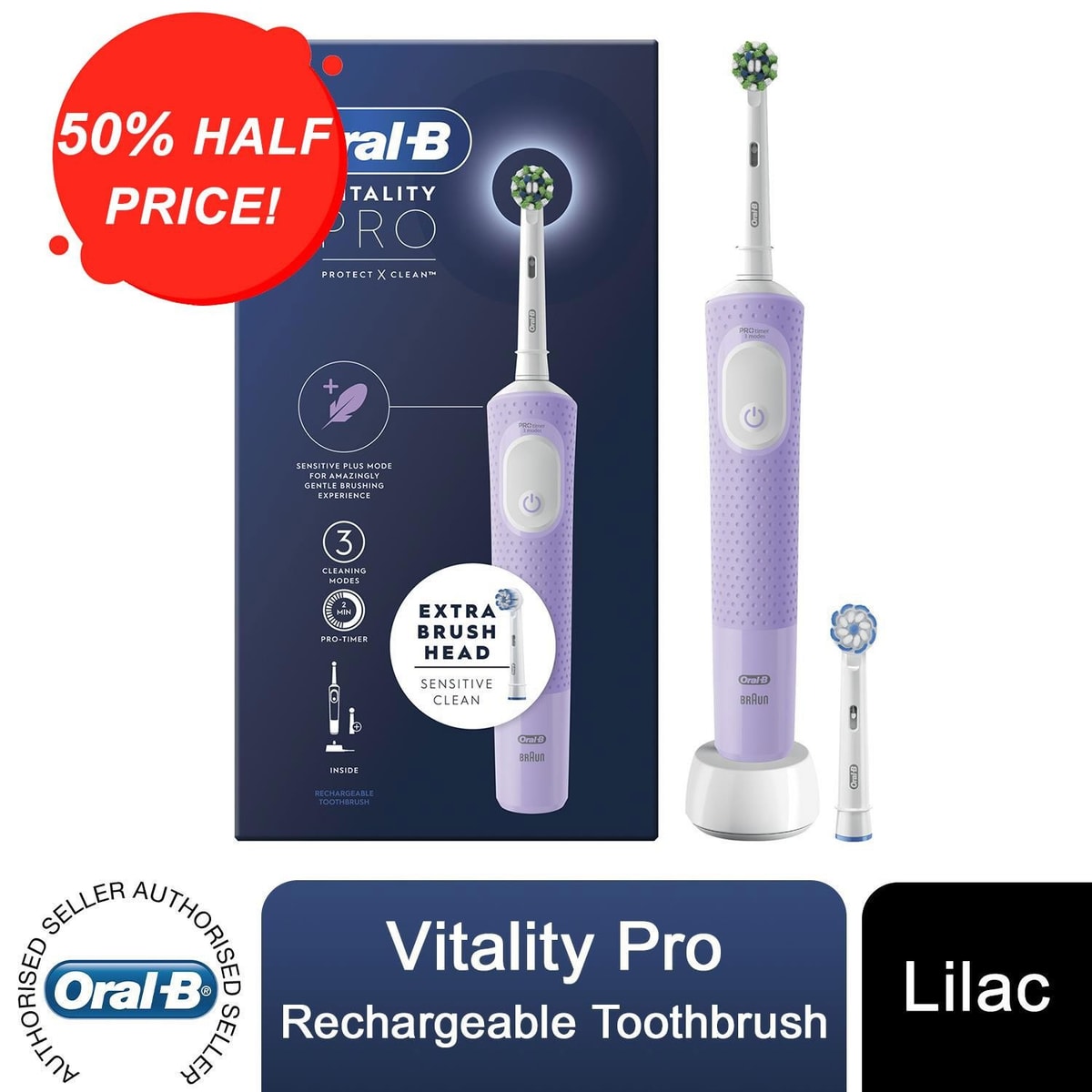 Oral-B Vitality Pro Electric Rechargeable Toothbrush with 2 Brush Heads, Lilac