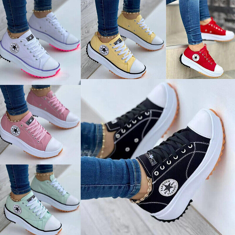 Womens Platform Chunky Pumps Wedge Canvas Sneakers Shoes Trainers Casual Shoes