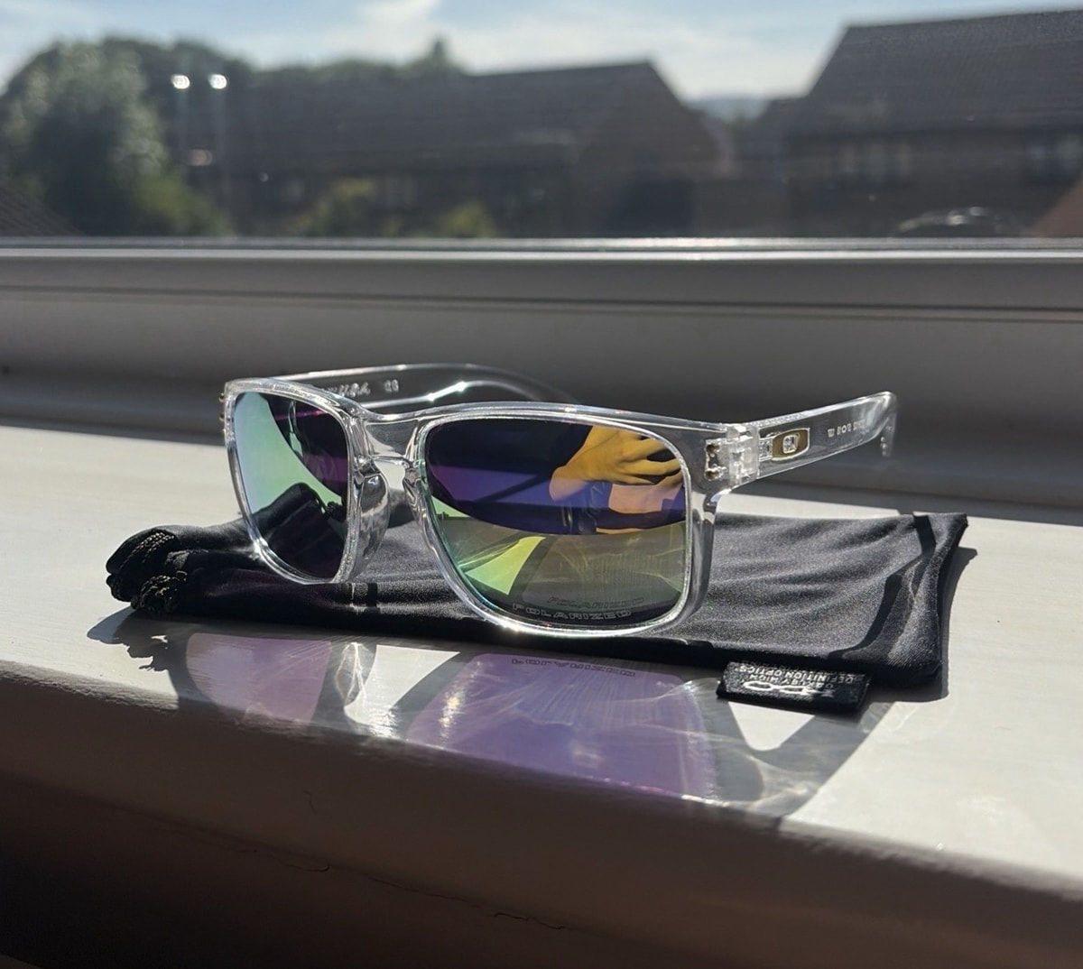 Oakley Holbrook OO9102 Men's Sunglasses Clear Plastic Frame Green Mirrored