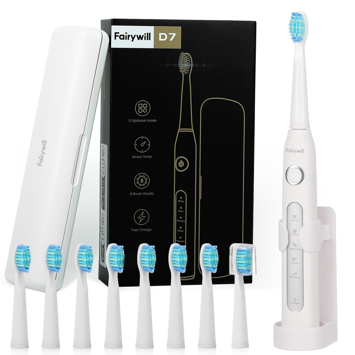 Fairywill Sonic Electric Toothbrush Rechargeable with 8 Brushes Head Travel Case
