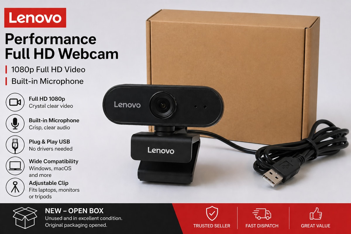 Lenovo Performance Full HD Webcam – Black | New (Open Box) | 1080p HD Video