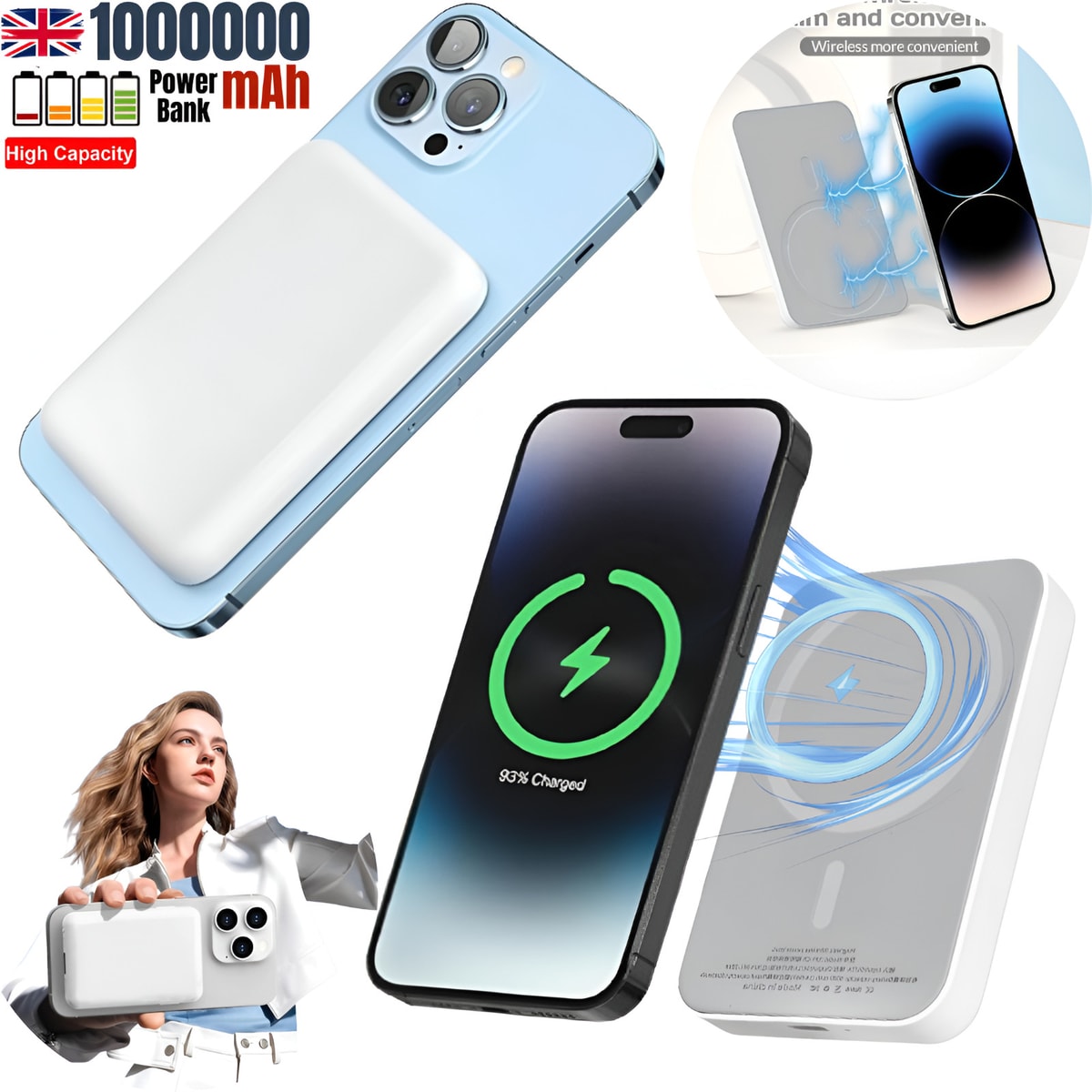 1000000mAh Power Bank Wireless Magnetic USB Fast Charger Battery Pack for Phone