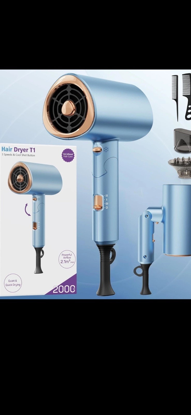 Ionic Hair Dryer 2000W Pro 2Speed 3Heat Anti-Frizz Diffuser & Concentrator NEW