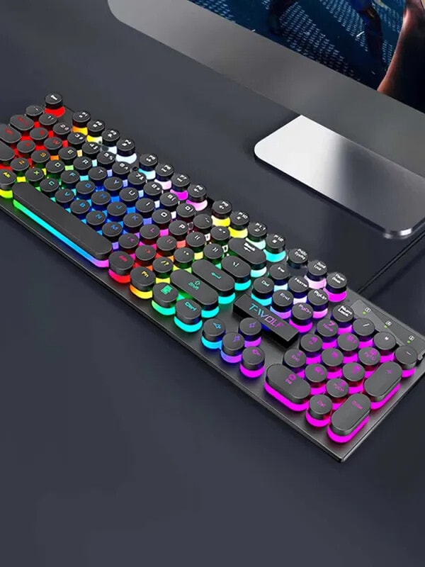 Gaming Keyboard Wired Rainbow Backlit Layout Mechanical Feel Illuminated Keys