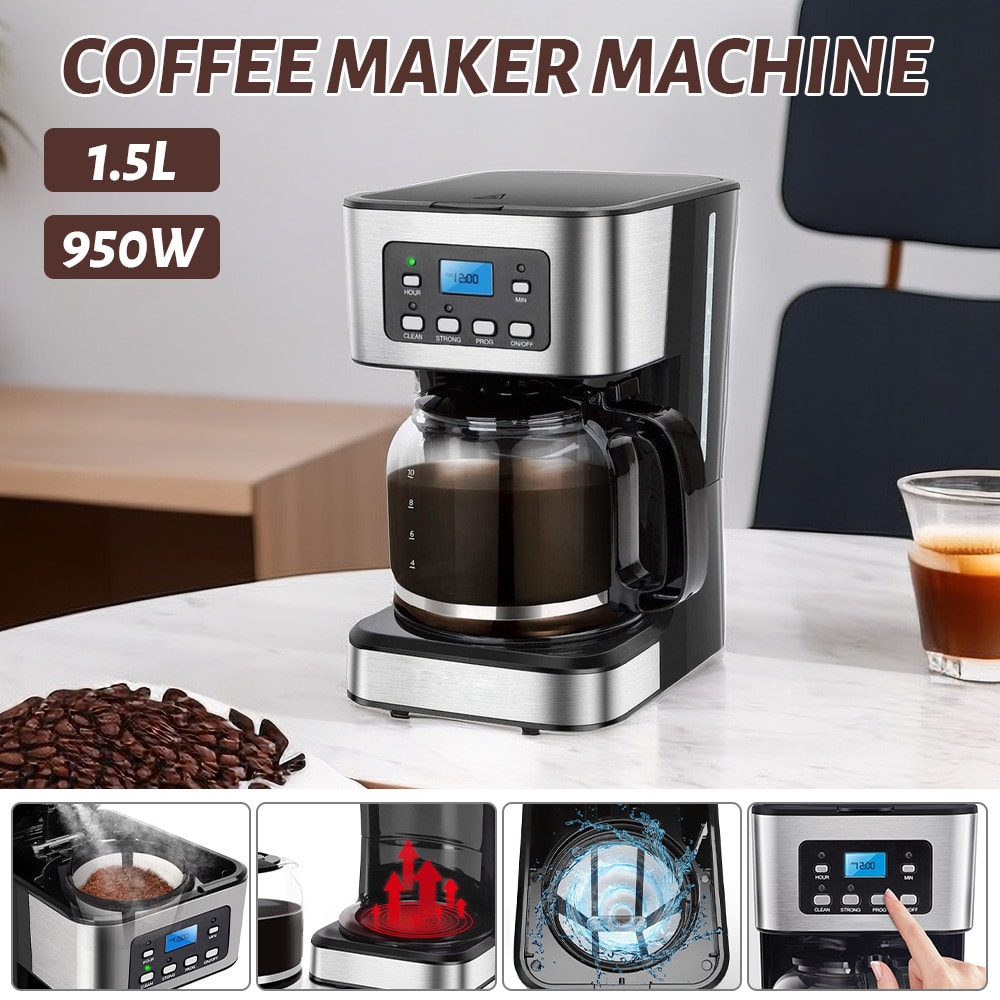 1.5L Filter Coffee Maker Machine 12 Cup Automatic Setting Digital Timer 950W UK