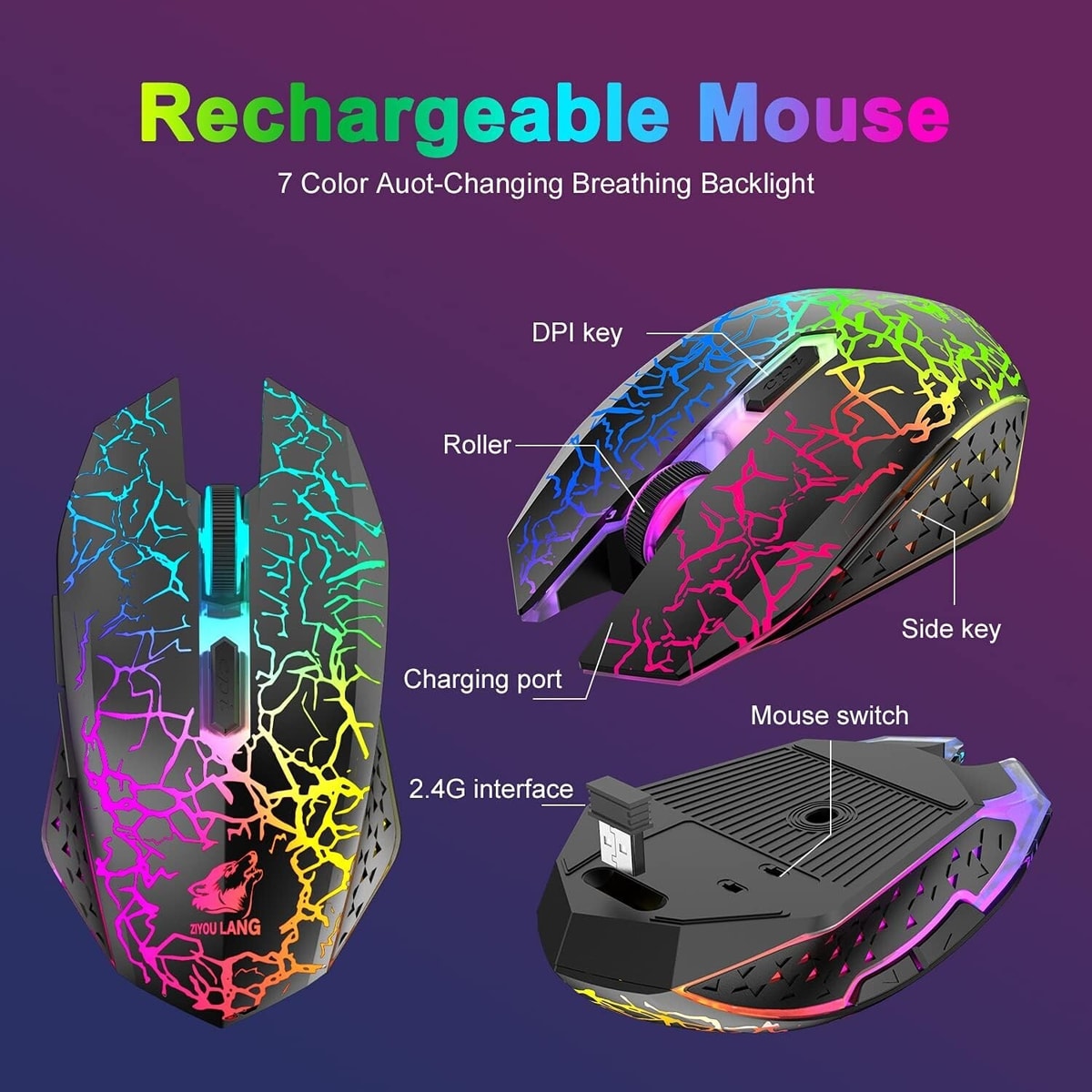 Rechargeable Wireless Gaming Mouse Rainbow LED Light Lightweight PC Laptop