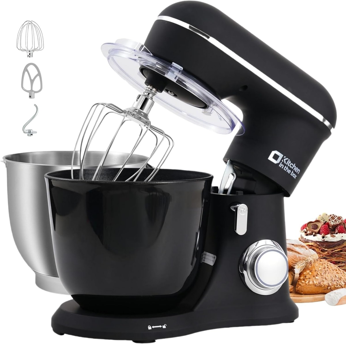 Kitchen in the box Stand Mixer 4.5L+5L Two Bowls 10 Speeds 1300W Black