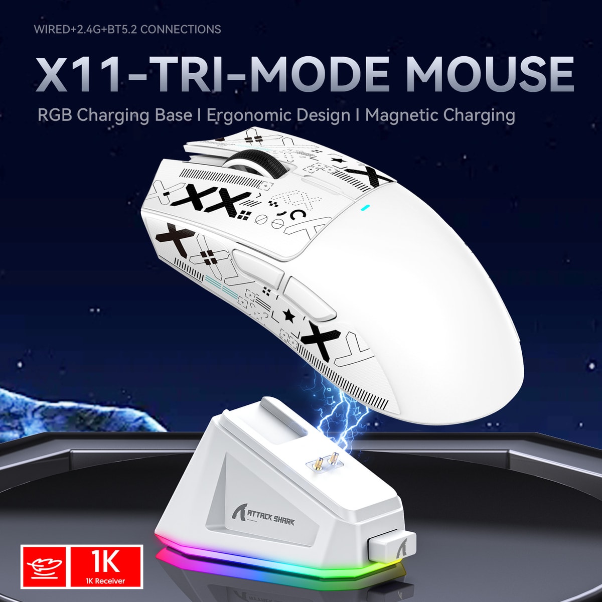 ATTACK SHARK X11 Gaming Mouse with Magnetic Charging Dock, PixArt PAW3311 Gaming