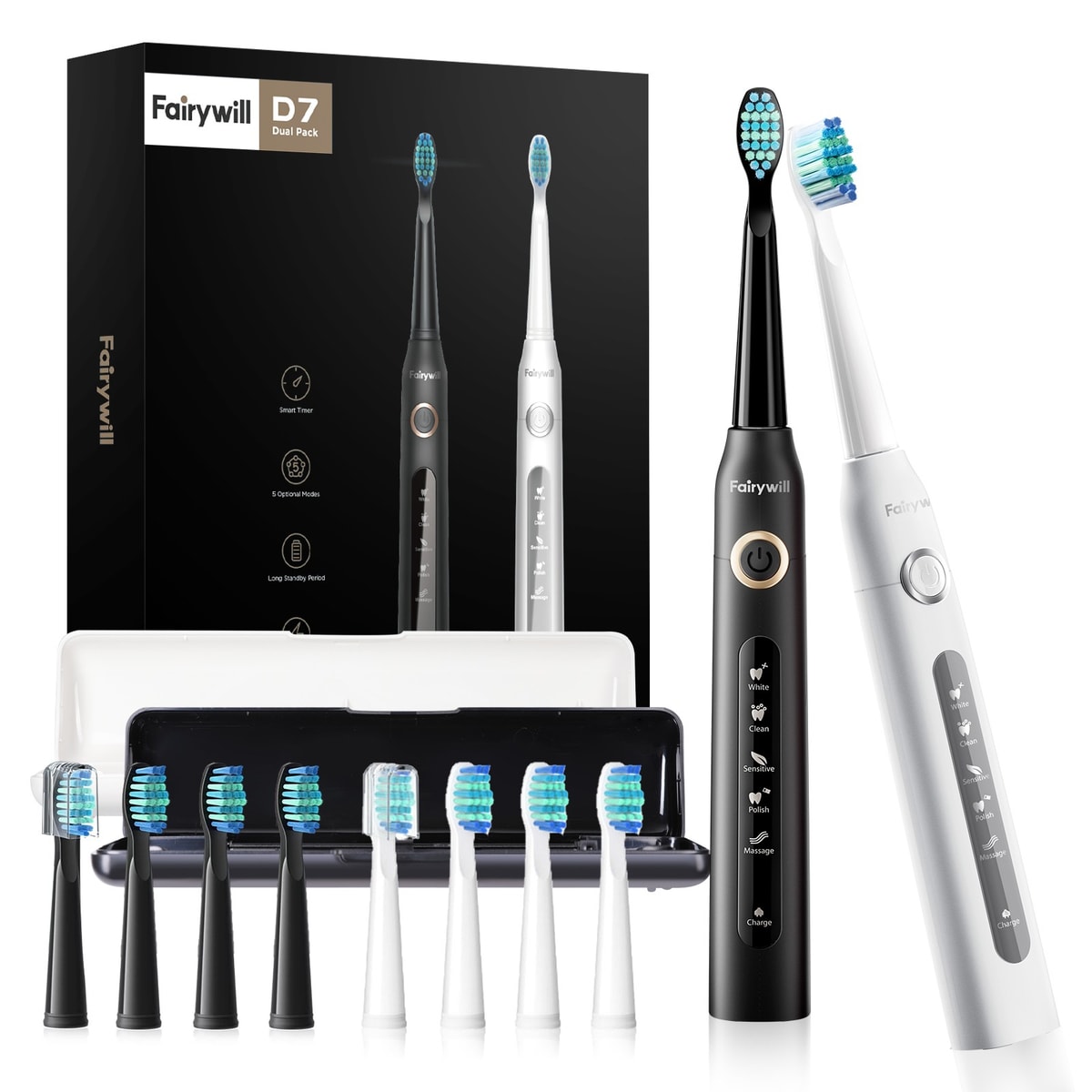 Fairywill 2x Sonic Electric Toothbrush Rechargeable w/ 8 Brushes Head Trave Case
