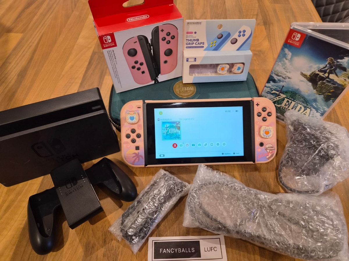 Nintendo Switch V1 Bundle Pink Joy-Cons, Dock, Cables, Zelda TOTK Game & Case