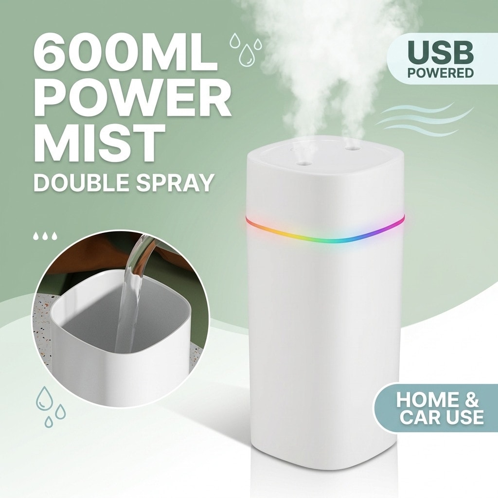 Portable USB Cool Mist Humidifier 600ml Aroma Diffuser LED Light UK
